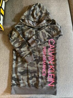 Calvin Klein Green Camo Hoodie Dress with Pink Logo